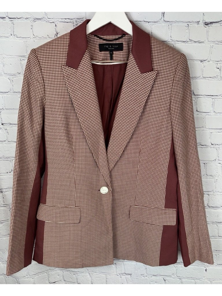 Rag & Bone Burgundy/Red Elizabeth Academia Houndstooth Cotton/Wool Blazer Size 6